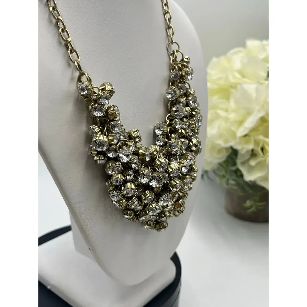 J. Crew Antique Gold Tone Prong Set Rhinestone‎ Cluster Bib Statement Necklace